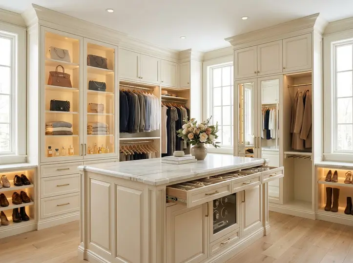 Cream custom walk-in closet with marble-topped island and brass hardware built by King Cabinetry