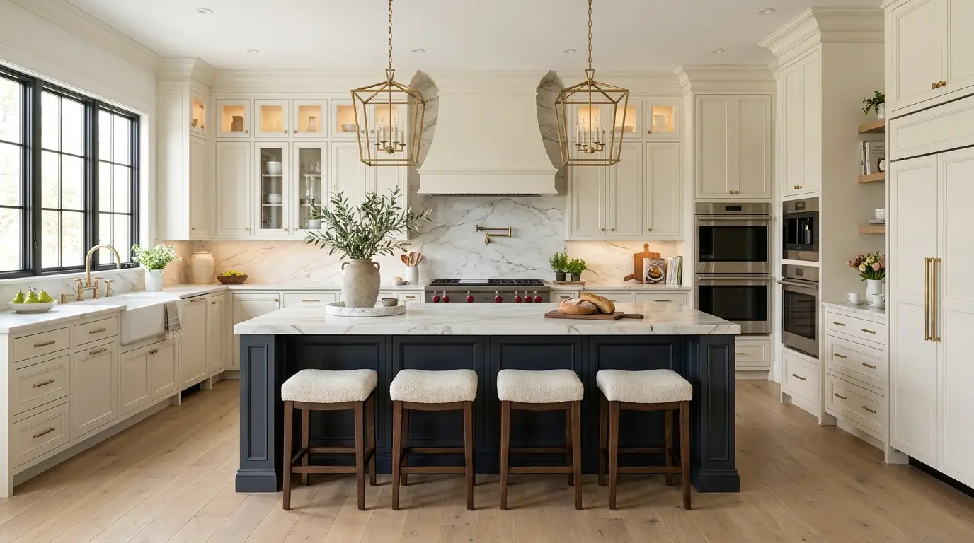 Elegant cream kitchen with navy island and brass fixtures by King Cabinetry